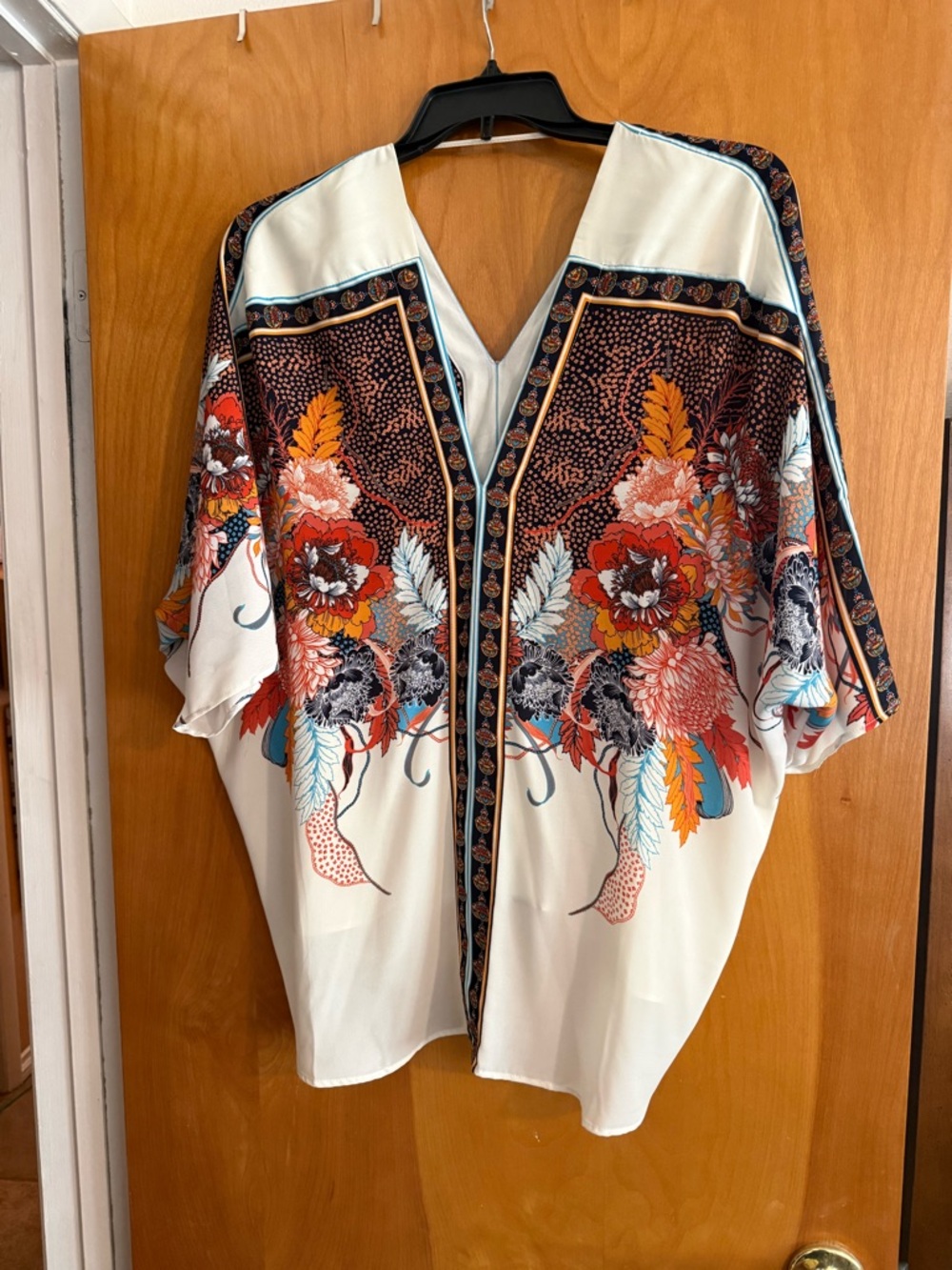 Rose & Olive Floral V-Neck Tunic in Ivory, Red, Orange and Teal